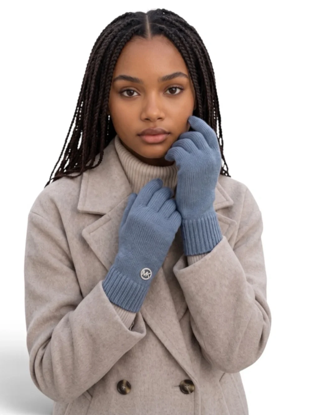 Michael Kors Heathered Blue Tech Touch Knit Gloves Silver Logo OS NWT